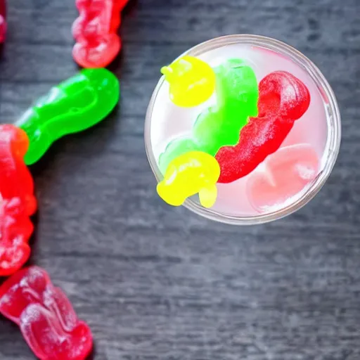 Prompt: lemonade with gummy worms floating through it, slurp drink, food network recipe photography