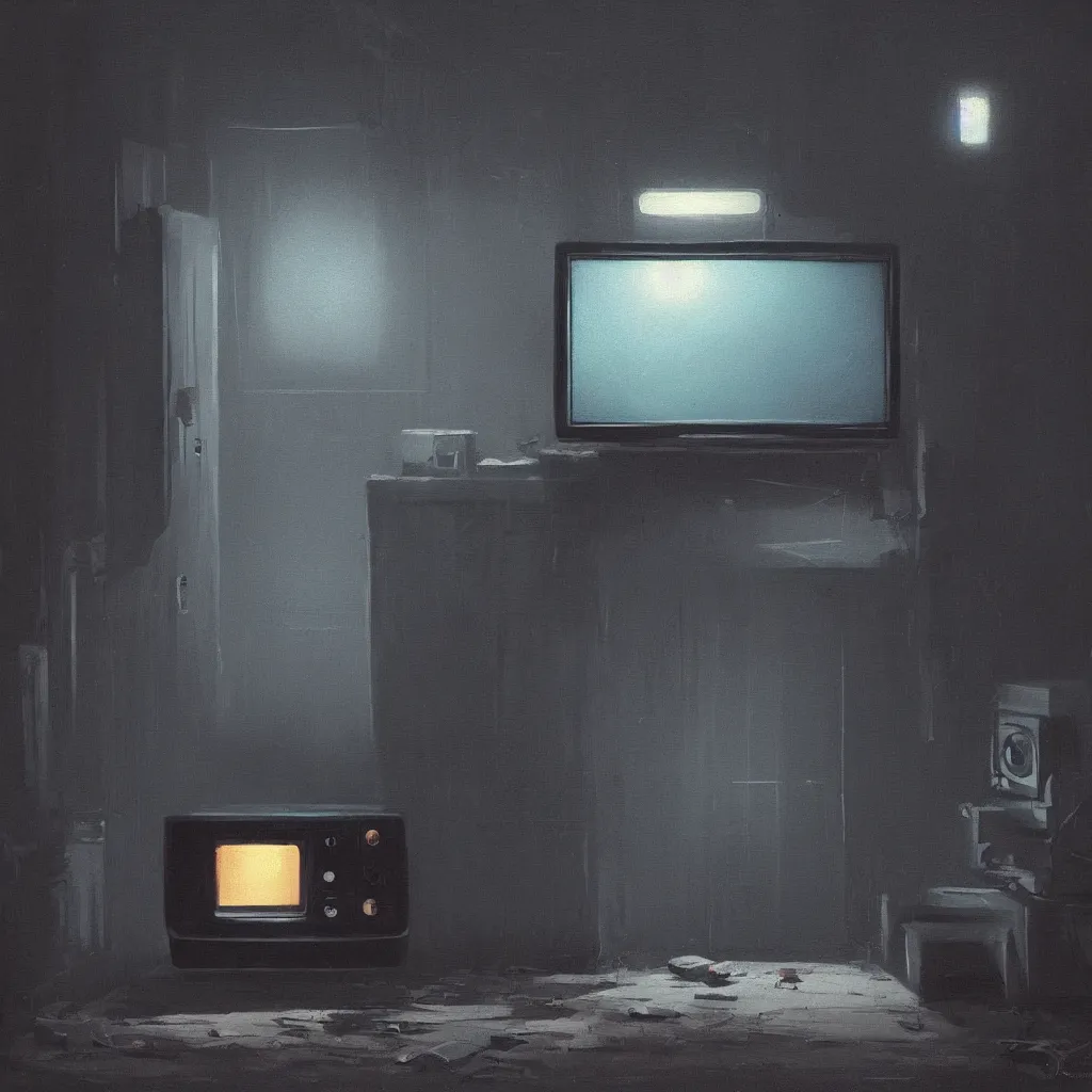 Image similar to a dark black room by night with a glowing vintage tv, the door is nearly closed and thus shines light in a painting from stalenhag, 4 k, 8 k, hdr, artstation, concept art