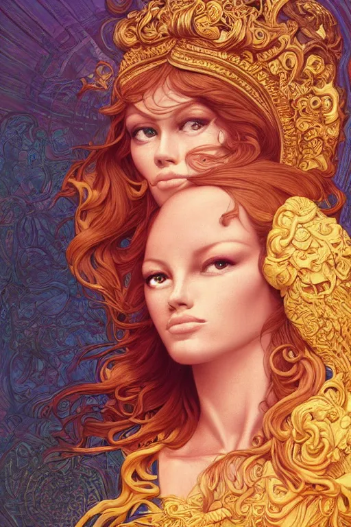 Image similar to portrait of goddess brigitte bardot by artgerm, mandala, rococo, vivid color, complementary color, golden ratio, detailed, sharp lines, sharp focus, intricate, rainbowshift, by maxfield parrish, by peter mohrbacher, by gustave dore, by alphonse mucha, deviantart, octane render