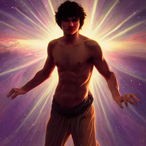 Image similar to ian somehalder posing, warm volumetric lighting, cosmic, symmetric, highly detailed, elegant, concept art, heavenly, god rays, intricate, sharp focus, illustration, alexandros pyromallis, bouguereau, rutkowski, artgerm, alphonse mucha