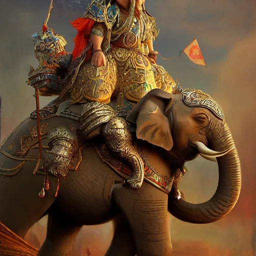 Prompt: a fantasy king riding on the back of a royal elephant. by tianhua xu n 4