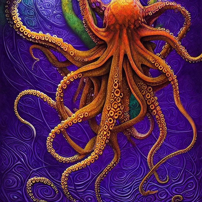 Image similar to depicting an octopus, in the style of h. p. lovecraft, exuberant organic elegant forms, by karol bak and filip hodas : : 1. 4 purple, red, blue, green, black intricate mandala explosions : : intuit art : : turbulent water backdrop : : damask wallpaper : : atmospheric