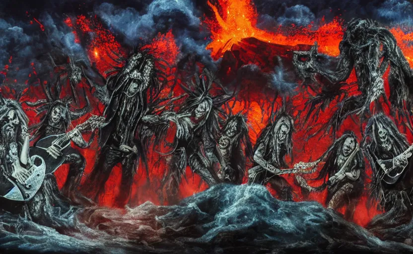 Prompt: a heavy metal band plays on a stage suspended over a volcano, dramatic digital painting by Karl Kopinski, 4k wallpaper, distressed edges on canvas, demonic beings are cheering for the band, heavy metal album cover