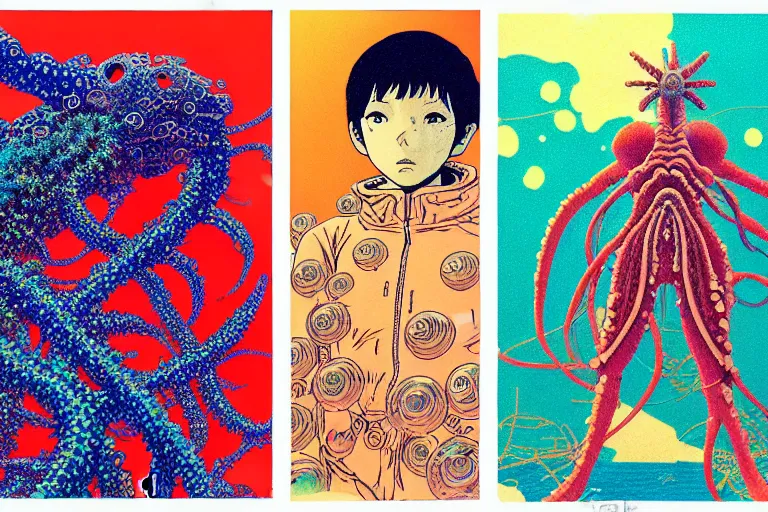 Image similar to risograph grainy drawing vintage sci - fi, satoshi kon color palette, gigantic gundam full - body covered in iridescent dead coral reef 1 9 6 0, kodak, with lot tentacles, natural colors, codex seraphinianus painting by moebius and satoshi kon and dirk dzimirsky close - up portrait