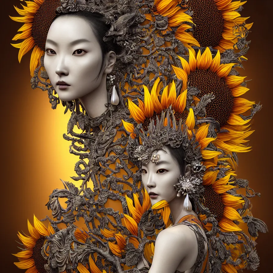 Prompt: complex 3d render ultra detailed of the chinese goddess of sunflowers, halo of colorful light, dark smoky background, biomechanical pattern, analog, 150 mm lens, beautiful natural soft rim light, big leaves and stems, roots, fine foliage lace, silver dechroic details, massai warrior, Alexander Mcqueen high fashion haute couture, pearl flower earrings, art nouveau fashion embroidered, steampunk, intricate details, mesh wire, mandelbrot fractal, anatomical, facial muscles, cable wires, elegant, hyper realistic, ultra detailed, octane render, H.R. Giger style, volumetric lighting, 8k post-production