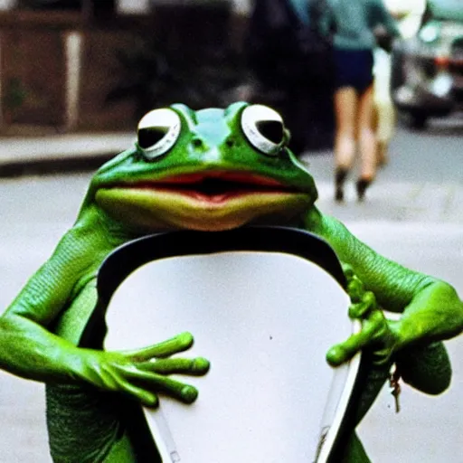 Image similar to elvis riding a segway in a frog costume