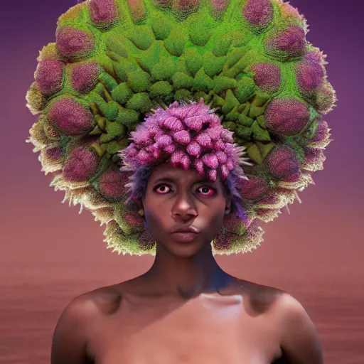 Image similar to a female african marijuanna! shaman with an afro made of flowers, third eye art art by machina infinitum, complexity from simplicity, rendered in octane, mandelbulb 3 d, ambient occlusion, macro photography, felt!!! texture, tribal, pastel! retrowave
