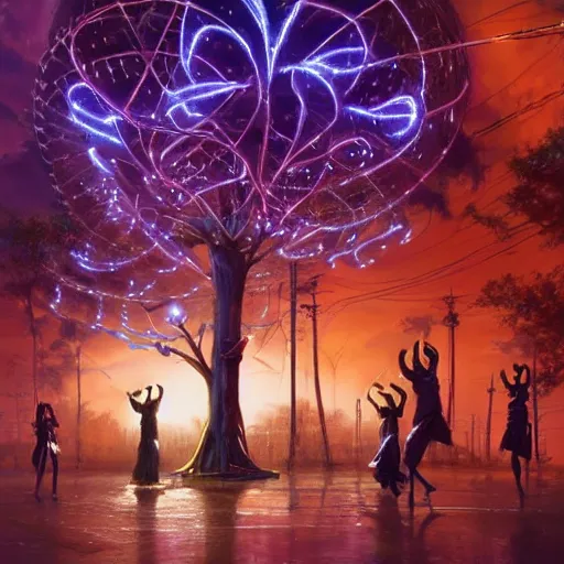 Prompt: african women dancing around a glowing, energized, steampunk neon portal near the electric tree of life in a lightning storm, by greg rutkowski, loish, rhads, artgerm and justin bua!!!. oil on canvas, detailed and intricate environment, radiant lighting. highly detailed. masterpiece