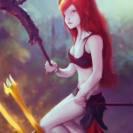 Prompt: a pale redheaded demoness with yellow eyes and horns wearing a tanktop holding a spear, highly detailed, digital painting, artstation, matte, by makoto shinkai, animation style