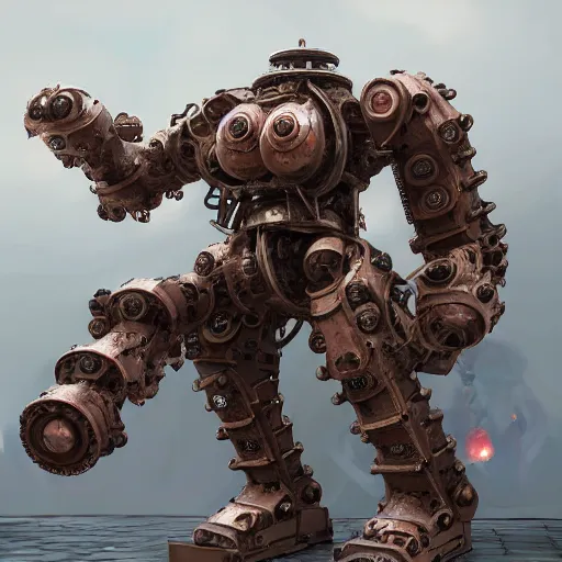 Prompt: a Steam powered mechanical golem, forward facing angle, studio background, concept art, character design, stunning 3d render , art by Tooth Wu and riot studios, 8k octane beautifully detailed render, post-processing, extremely hyperdetailed, intricate complexity, masterpiece, trending on artstation