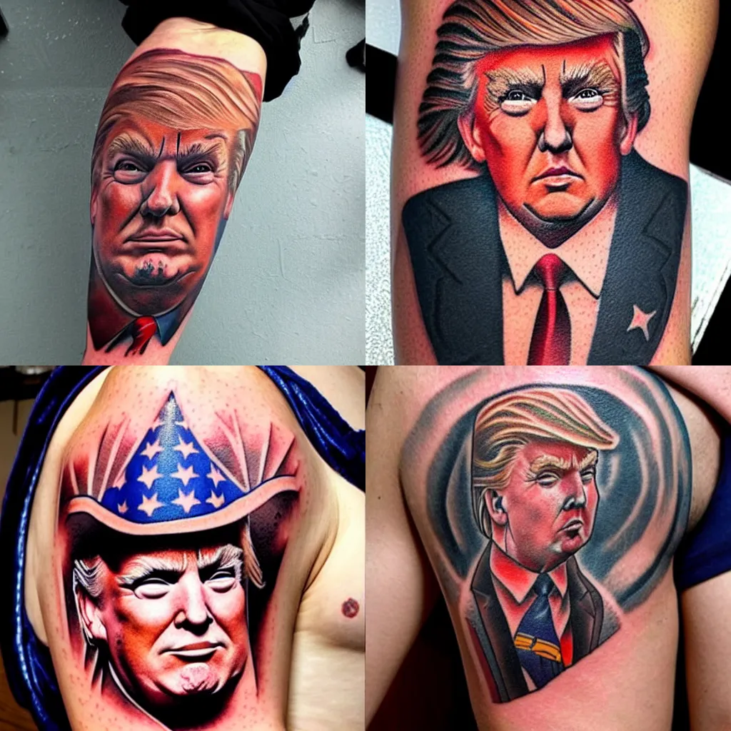 Prompt: a tattoo of donald trump dressed up as a gangster.
