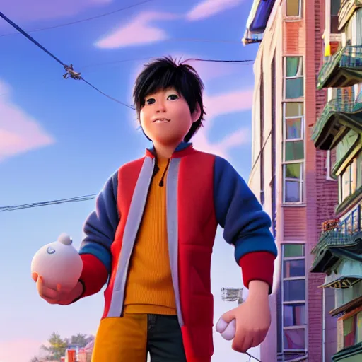 Prompt: hiro hamada standing in front of his home in san fransokyo, close up portrait photo, pixar film, big hero 6, hyper detailed, digital art, trending on artstation, cinematic lighting, studio quality, smooth render, unreal engine, octane render