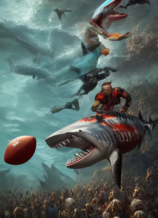 Prompt: shark man playing football, hyper detailed, digital art, trending in artstation, cinematic lighting, studio quality, smooth render, unreal engine 5 rendered, octane rendered, art style by klimt and nixeu and ian sprigger and wlop and krenz cushart.