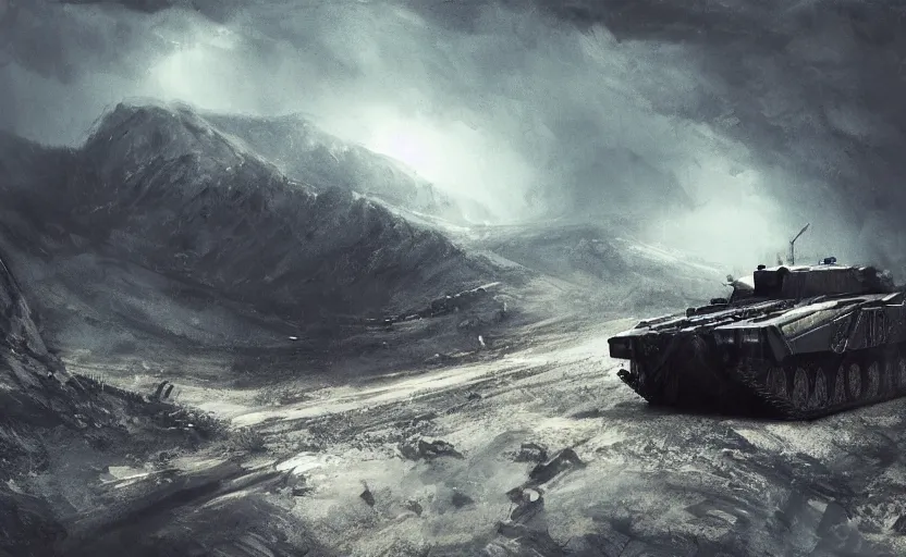 Prompt: a challenger 2 black night in the mountain at night by Paul Chadeisson, blue headlights, dark image, stormy weather, landscape, military outpost, spotlights, atmospheric, artstation, concept art, illustration, sharp focus, high detail, octane render, intimidating