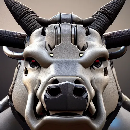 Image similar to a full body shot of a cyborg ( bull ) modeled after a bull looking into the camera, android, cyborg, full body shot, intricate, 3 d, hyper realism, fantasy, depth of field, octane render, symmetrical, highly detailed, digital art, artstation, concept art, cinematic lighting, trending