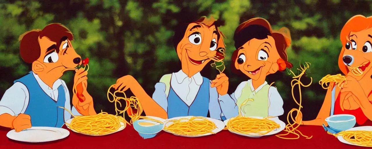 Image similar to a boy and girl on a date, sharing a plate of spaghetti kodachrome, in the style of lady and the tramp, retro