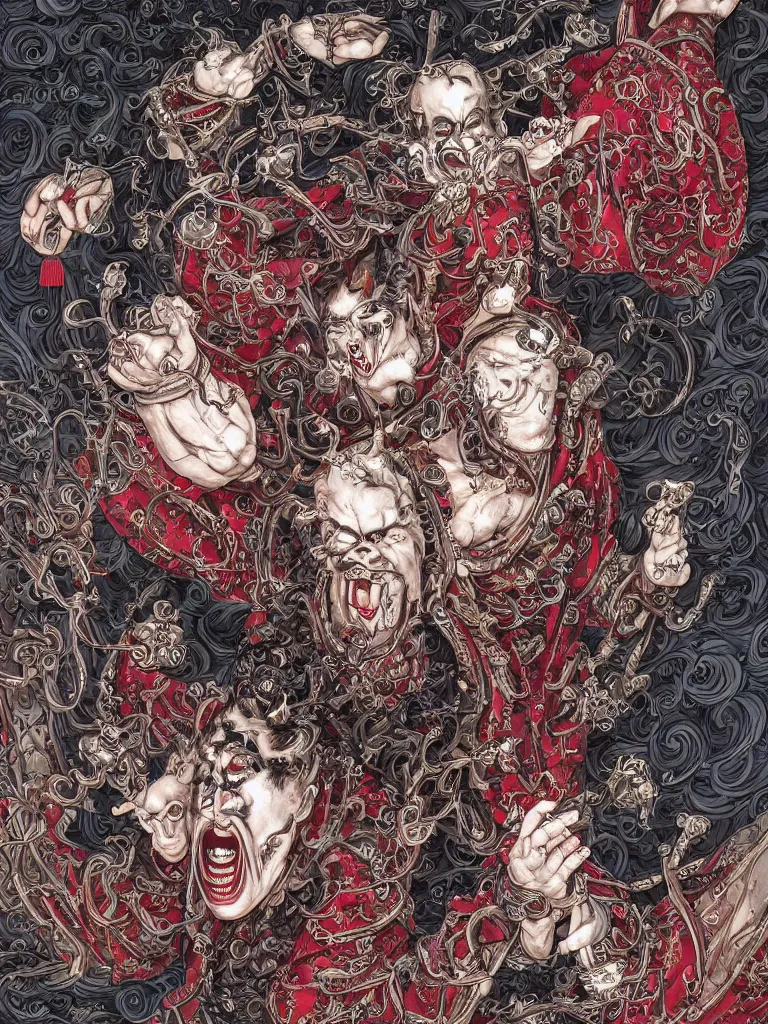 Prompt: portrait of crazy chinese opera character screaming with round digital sunglasses as vampire, symmetrical, by yoichi hatakenaka, masamune shirow, josan gonzales and dan mumford, ayami kojima, takato yamamoto, barclay shaw, karol bak, yukito kishiro