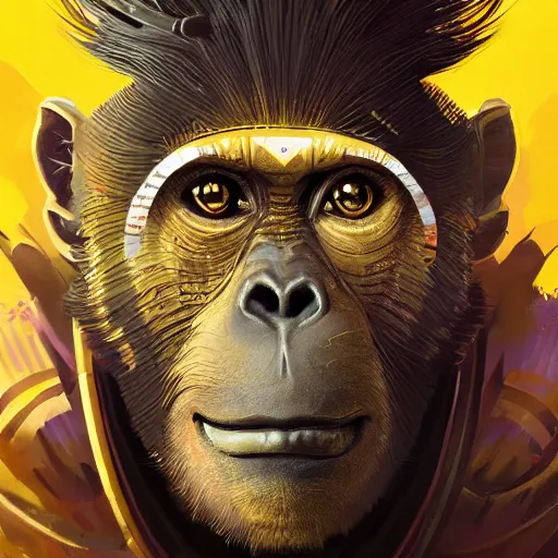 Image similar to a golden face monkey warrior with a black diamond in his forehead, Apex Legends character, digital illustration portrait design, by android jones and greg rutkowski, retrowave color scheme, detailed, cinematic lighting, wide angle action dynamic portrait