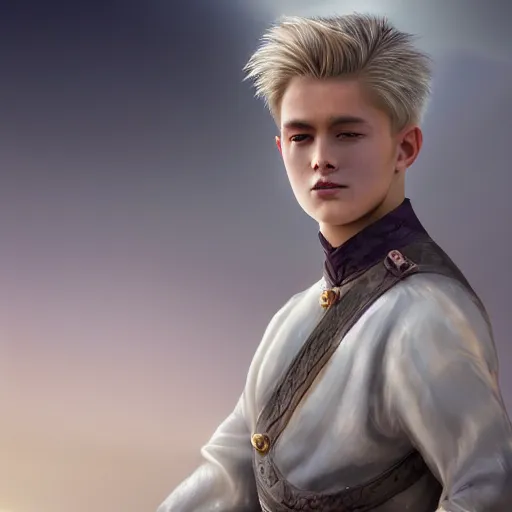 Prompt: a portrait of a young handsome prince, white fringy hair, epic beautiful landscape, backlit, incredible lighting, strong rim light, subsurface scattering, highly detailed, god rays, digital painting, HDRI, by Heise Jinyao, Heise-Lian Yan Fang, Feimo, Richard Taddei, vivid colors, high contrast, 8k resolution, intricate, photorealistic