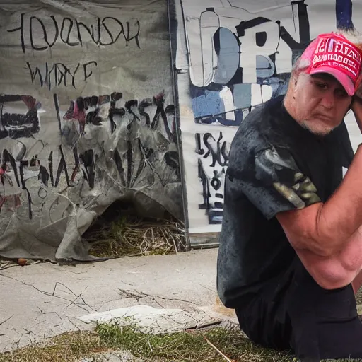 Prompt: homeless Donald Trump in a homeless camp, wearing cheap dirty clothes and maga hat, dirty Donald trump