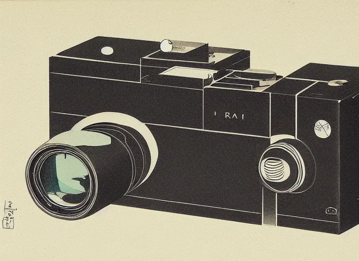 Image similar to painting by Hiroshi Yoshida of rangefinder camera designed by Dieter Rams, Naoto Fukasawa