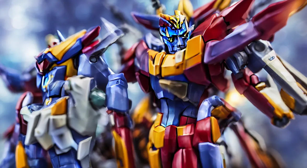 Image similar to medium close up view, Gundam,Guyver,colourful,bokeh,blur,cinematic lighting