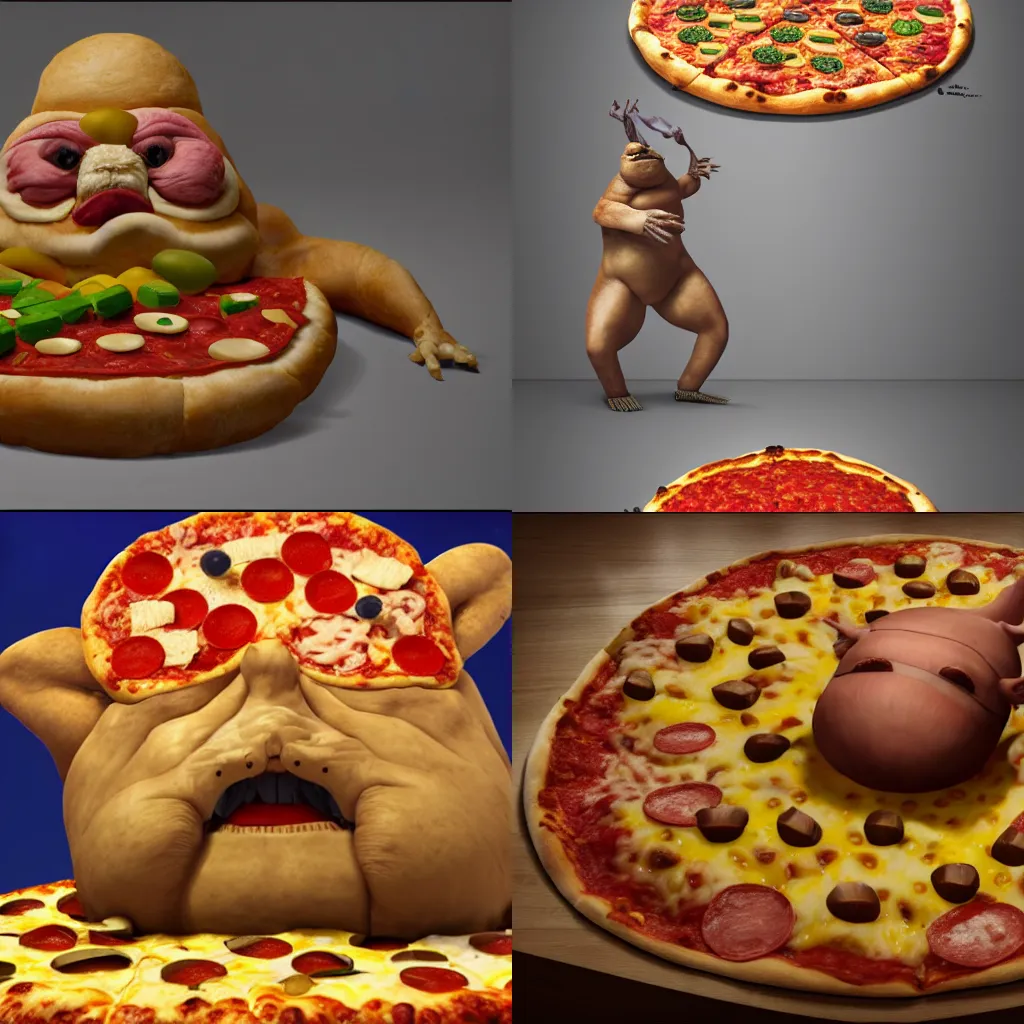 Prompt: pizza the hut, a very large man made out of pizza, a surrealist sculpture by giuseppe arcimboldo, polycount, conceptual art, reimagined by industrial light and magic, playstation 5 screenshot, made of cheese and pepperon