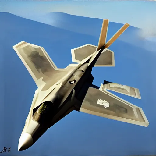 Prompt: f - 2 2 raptor flying over city, retrofuturism, painting