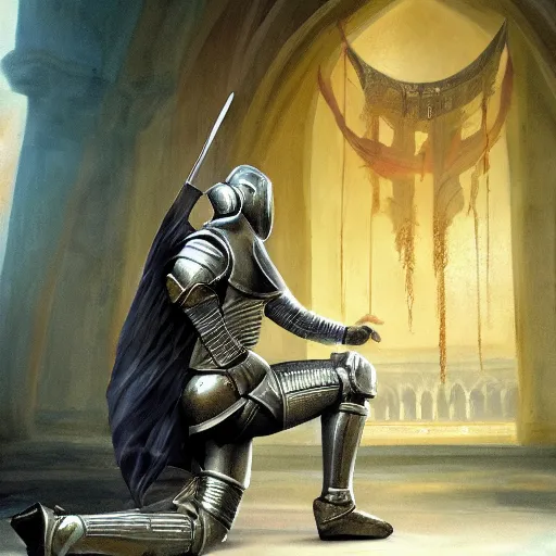 Image similar to a female knight kneeling in front of an alter, artstation hall of fame gallery, editors choice, #1 digital painting of all time, most beautiful image ever created, emotionally evocative, greatest art ever made, lifetime achievement magnum opus masterpiece, the most amazing breathtaking image with the deepest message ever painted, a thing of beauty beyond imagination or words