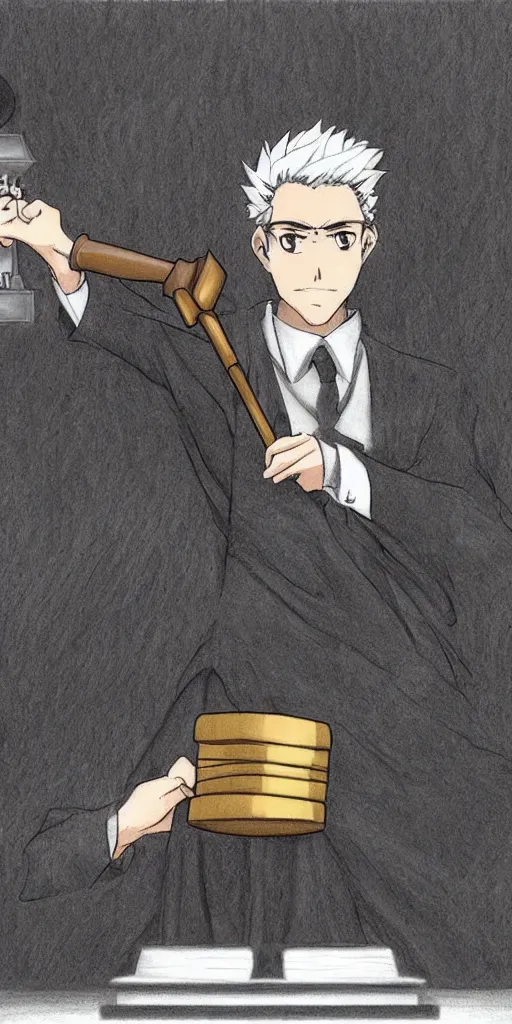 Image similar to powerful anime judge with a magic gavel, in a court room with a scale on his desk, drawn by a famous anime artist, high quality, fine lines, amazing detail