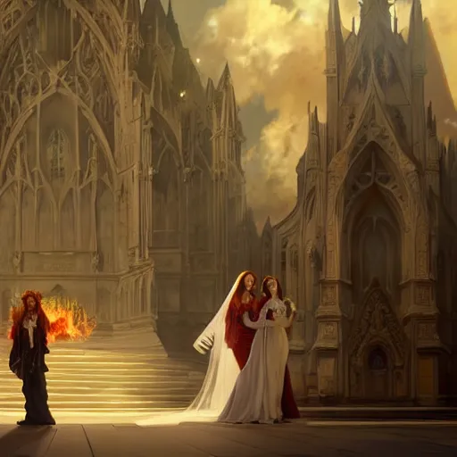 Prompt: an beautiful and detailed matte painting of a lesbian wedding between evil pyromancer and a vampire red mage, unholy union, white church background, god rays, sharp focus, highly detailed, cinematic lighting, studio quality, colorful, smooth render, vector illustration, award winning, by artgerm, greg rutkowski, alphonse mucha