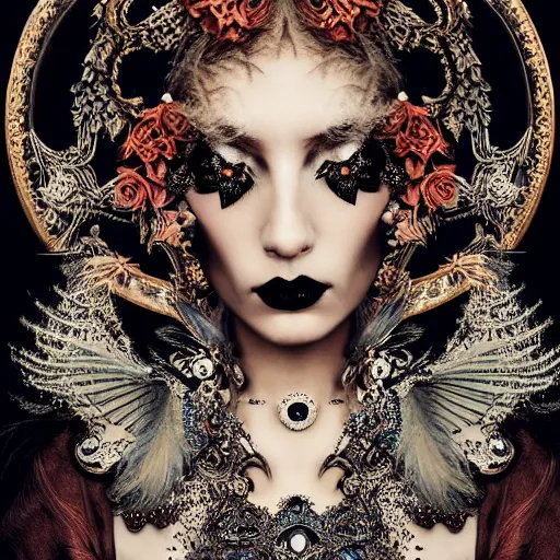 Prompt: beautiful woman mysterious oracle, incredible detailed, insanely ornamented with baroque silver decorations, embers, black feathers ornaments, fairy tale atmosphere, fashion vogue photo, cold colour scheme, peter lindbergh photo style,