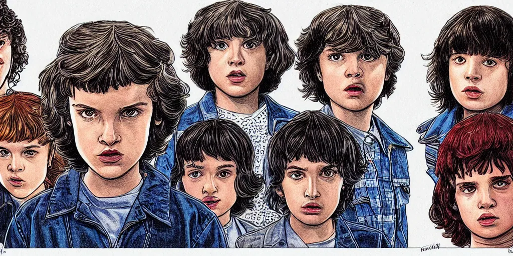 Image similar to stranger things cast, drawn by moebius, detailed