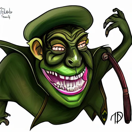 Image similar to a cartoonishly evil goblin, supervillain, top hat and luxurious moustache, green skin, cartoon style, d & d character portrait, victorian clothing, digital art, 8 k,