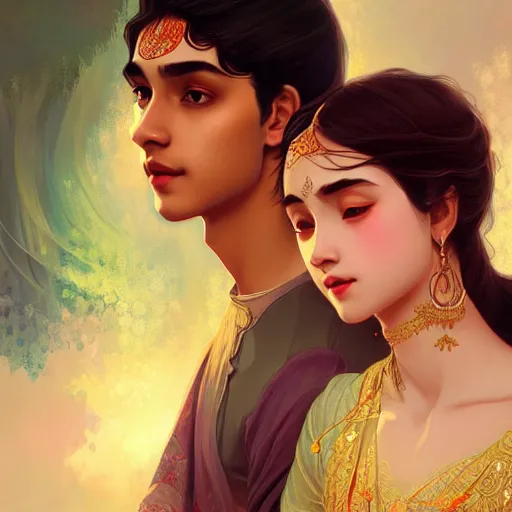 Image similar to portrait of beautiful young bengali romantic couple fantasy, intricate and very very beautiful and elegant, highly detailed, digital painting, artstation, concept art, smooth and sharp focus, illustration, art by tan zi and ayanamikodon and alphonse mucha and wlop