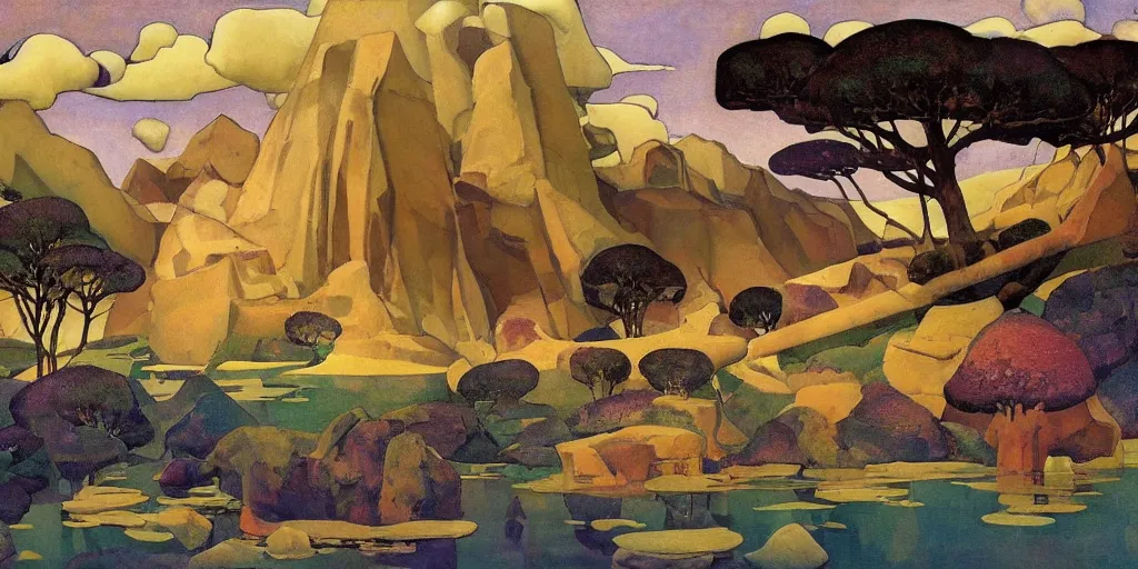 Image similar to a magnificently serene rendering of esoteric ephemera by adolf wolfli, nicholas roerich, jurgen ziewe, judson huss, and roger dean, photo realistic,