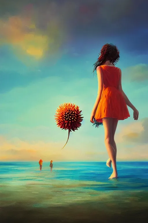 Prompt: closeup giant dahlia flower head, girl on beach, surreal photography, blue sky, sunrise, dramatic light, impressionist painting, digital painting, artstation, simon stalenhag