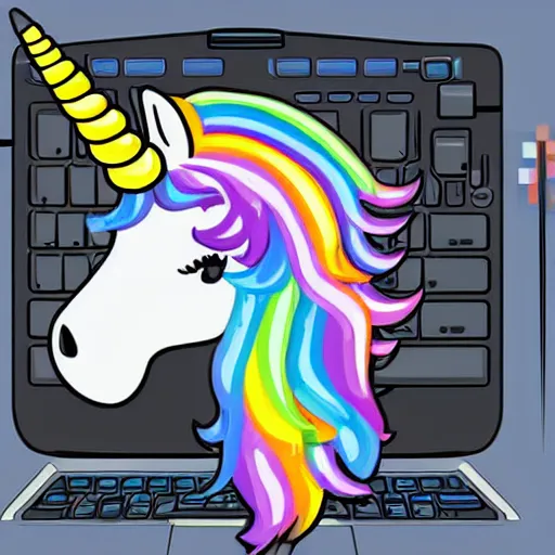 Image similar to a unicorn hacking a computer, digital art