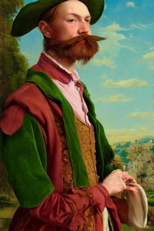 Prompt: intricate beautiful medium - shot, the card player man with short trimmed reddish beard ( ( ( no mustache ) ) ), blonde reddish hair, in green and pink clothes of 1 7 th century, matte painting, renaissance painting, by paul sezanne by leyendecker, by artgerm, rutkowskyi