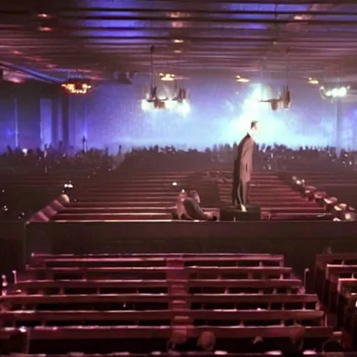 Image similar to cinematic still of John Wick speaking at a megachurch in John Wick (2009). Joel Osteen ministries. dynamic lighting. shallow depth of field, cinematic