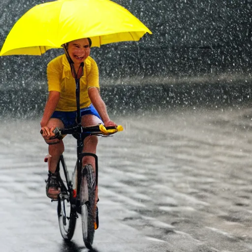 Image similar to a dog with a yellow hat riding a bike while raining