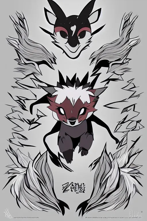 Image similar to zorua pokemon, stylised fox - like appearance, black and auburn colour pallet, illusory trickster, thick furry neck and chest fluff, stylised 🖌 - like hair, pokemon concept art with multiple angles, super detailed, clean lines, digital art