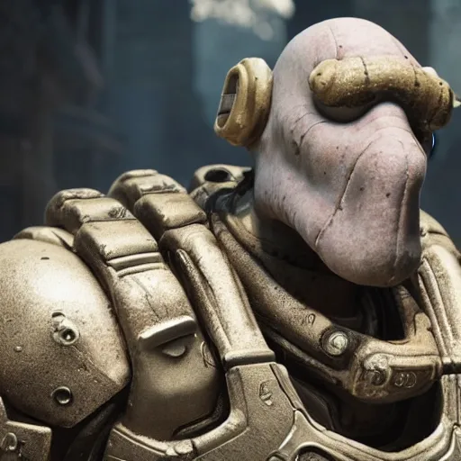 Image similar to squidward squidward in gears of war, splash art, movie still, detailed face, photorealistic facial features, cinematic lighting, dramatic, octane render, long lens, shallow depth of field, bokeh, anamorphic lens flare, 8 k, hyper detailed, 3 5 mm film grain