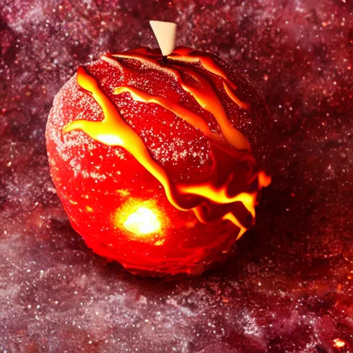 Prompt: candy apple, food photography, cracks of magma, glowing, fire, space, orange