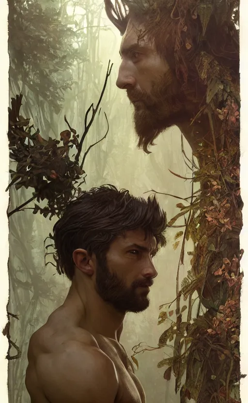 Image similar to god of the forest, 3 0 years old, rugged, handsome, male, detailed face, clean lines, atmospheric lighting, amazing, full body, flowers, muscular, intricate, highly detailed, digital painting, artstation, concept art, sharp focus, illustration, art by greg rutkowski and alphonse mucha