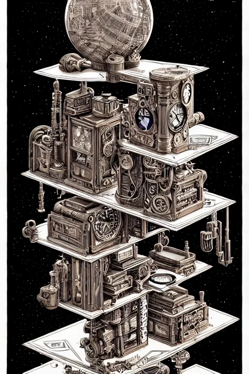 Image similar to a majestic steampunk alchemists bookshelf, two point perspective, furniture, high details, bold line art, by vincent di fate and joe fenton, inking, etching, screen print, masterpiece, trending on artstation, sharp, high contrast, hyper - detailed,, hd, 4 k, 8 k