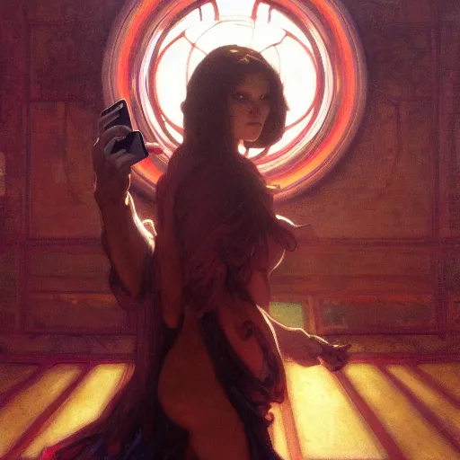 Image similar to cinematic scene of Death taking a selfie, modern, mucha, colorful, by Michael Whelan, William Adolphe Bouguereau, and Donato Giancola, highly rendered, beautiful, cyberpunk, moody lighting, glowing light and shadow, atmospheric, 8K