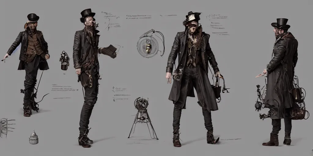 Prompt: steampunk Tom Waits design, character sheet, 3d render, Greg Rutkowski, Zabrocki, Karlkka, Jayison Devadas, Phuoc Quan, trending on Artstation, 8K, ultra wide angle, zenith view, pincushion lens effect