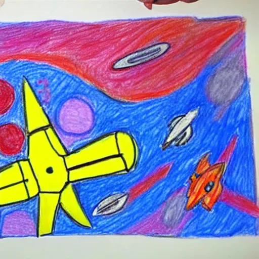 Image similar to a child's drawing of a space battle in crayon