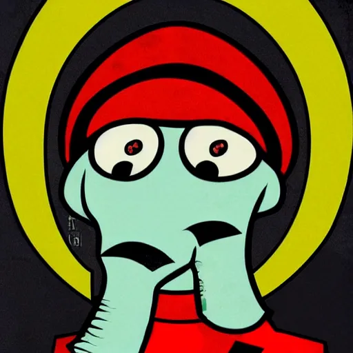 Image similar to handsome squidward portrait, soviet propaganda poster style